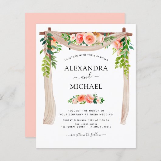 バジェットコーラルピーチフローラ結婚式招待状 (正面/裏面)