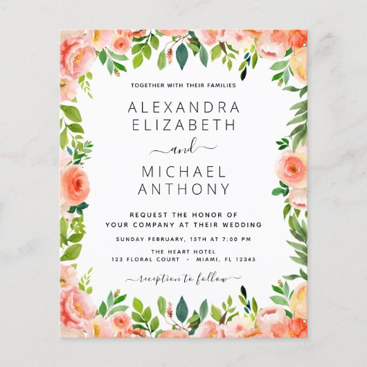 バジェットコーラルピーチフローラ結婚式招待状 チラシ (正面)