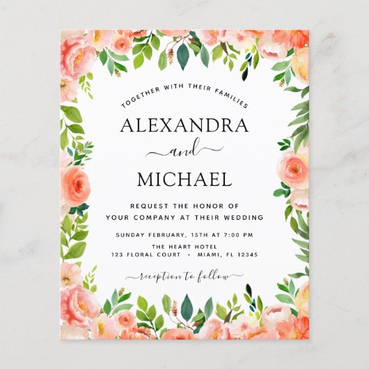 バジェットコーラルピーチフローラ結婚式招待状 チラシ (正面)