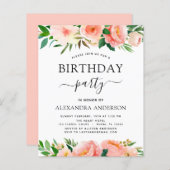 バジェットコーラルピーチフローラ誕生日招待状 (正面/裏面)