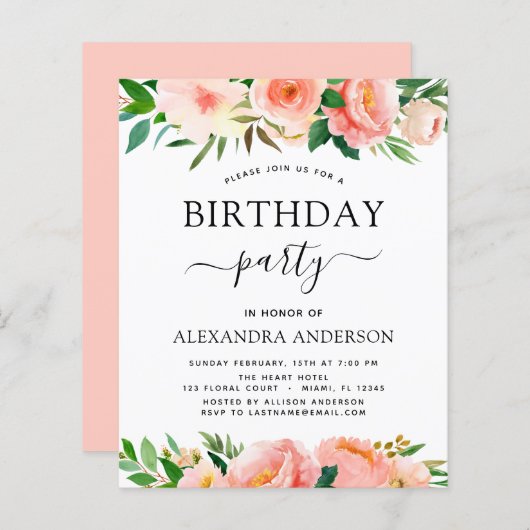 バジェットコーラルピーチフローラ誕生日招待状 (正面/裏面)