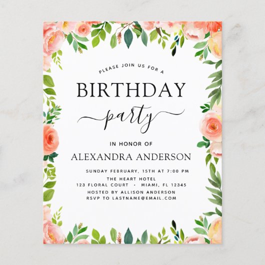 バジェットコーラルピーチフローラ誕生日招待状 チラシ (正面)
