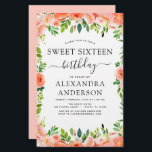 バジェットコーラルピーチフローラSweet sixteen誕生日<br><div class="desc">バジェット・コーラル、桃と白フローラとユーカリ緑の植物性春またはサマーパステルSweet sixteen(16th)誕生日パーティーお祝い招待状 – 特別な誕生祝いのための植物花と緑と美しくスクリプトのタイポグラフィを含みまエレガントすモダン。</div>