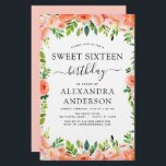 バジェットコーラルピーチフローラSweet sixteen誕生日<br><div class="desc">バジェット・コーラル、桃と白フローラとユーカリ緑の植物性春またはサマーパステルSweet sixteen(16th)誕生日パーティーお祝い招待状 – 特別な誕生祝いのための植物花と緑と美しくスクリプトのタイポグラフィを含みまエレガントすモダン。</div>