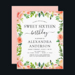 バジェットコーラルピーチフローラSweet sixteen誕生日<br><div class="desc">バジェット・コーラル、桃と白フローラとユーカリ緑の植物性春またはサマーパステルSweet sixteen(16th)誕生日パーティーお祝い招待状 – 特別な誕生祝いのための植物花と緑と美しくスクリプトのタイポグラフィを含みまエレガントすモダン。</div>