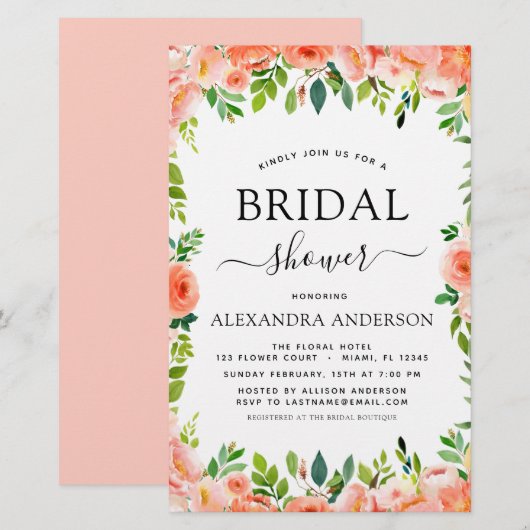 バジェットコーラルピーチブライダルシャワーフローラ招待状 (正面/裏面)
