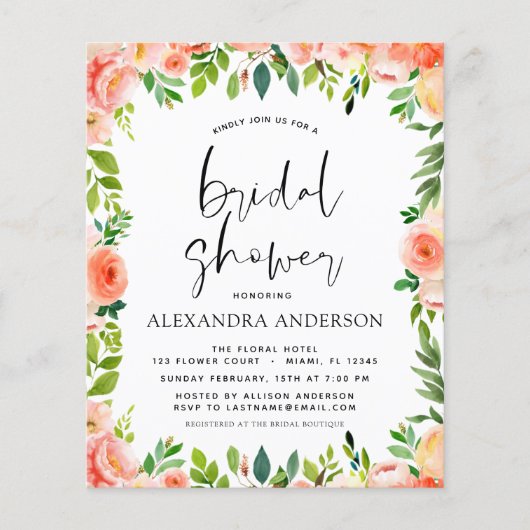 バジェットコーラルピーチブライダルシャワーフローラ招待状 チラシ (正面)
