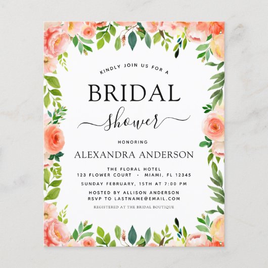 バジェットコーラルピーチブライダルシャワーフローラ招待状 チラシ (正面)