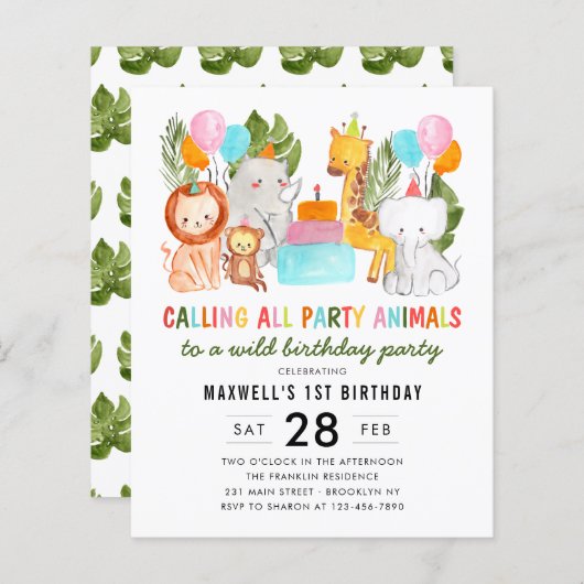 バジェットコールパーティーサファリアニマルズ子供の誕生日 (正面/裏面)