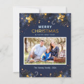 バジェットゴールデンブルーメリークリスマスフォトカード (正面)
