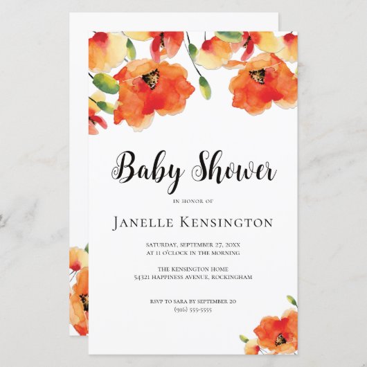 バジェットゴールデンポピー赤ちゃんシャワー招待状 (正面/裏面)