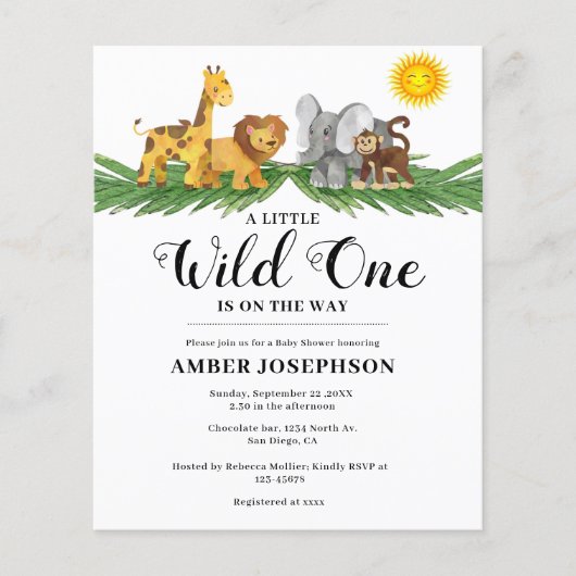 バジェットサファリアニマルワイルドワンベビーシャワー招待状 (正面)