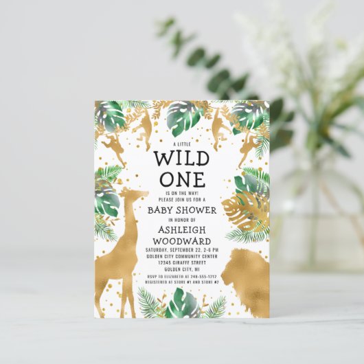 バジェットサファリベイビーシャワーグリーン金ゴールド招待状 (スタンド正面)