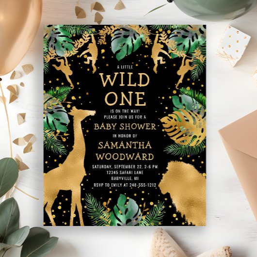 バジェットサファリベイビーシャワーブラック金ゴールド招待状