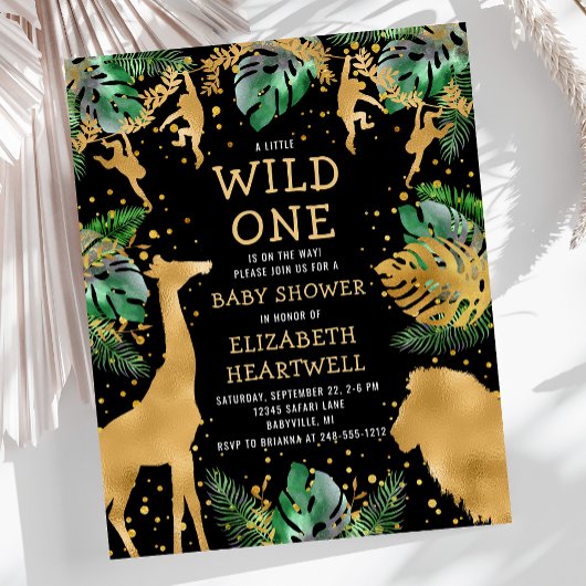 バジェットサファリベイビーシャワーブラック金ゴールド招待状