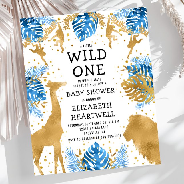 バジェットサファリボーイベビーシャワーブルー金ゴールド招待状 (クリエイターアップロード済み)