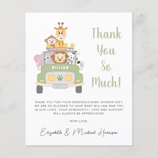 バジェットサファリ男の赤ちゃんシャワーサンキューカード (正面)
