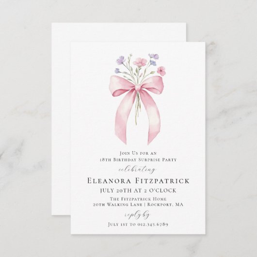 バジェットサプライズパーティー18th誕生日ボウ招待状 招待状 (正面/裏面)