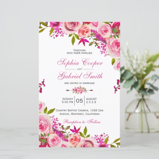 バジェットサマーホットピンクフローラ結婚式招待状 (スタンド正面)