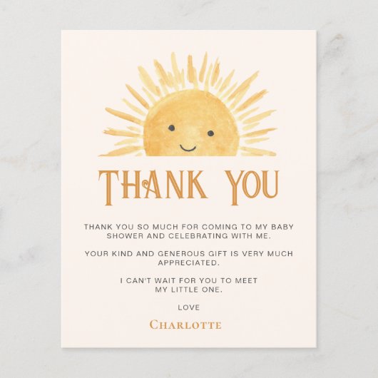 バジェットサンシャインベビーシャワーサンキューカード (正面)