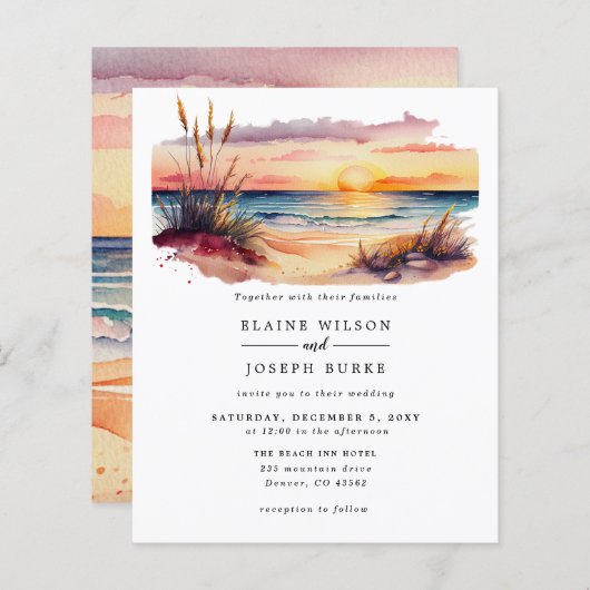 バジェットサンセットビーチシー結婚式招待状 (正面/裏面)