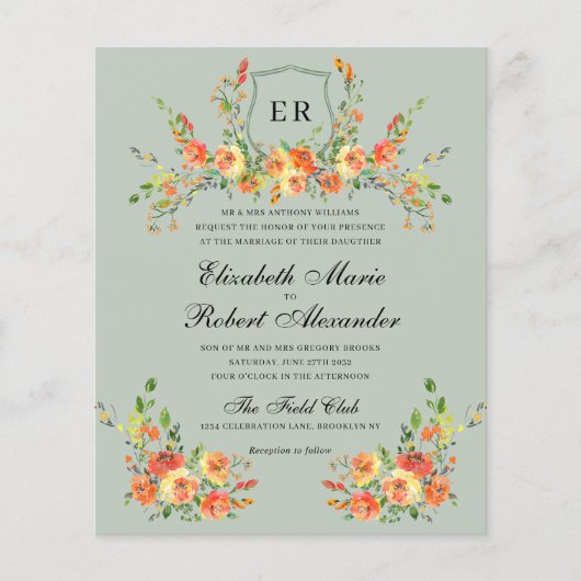 バジェットサンセット開花モノグラムグリーン結婚クレスト (正面)