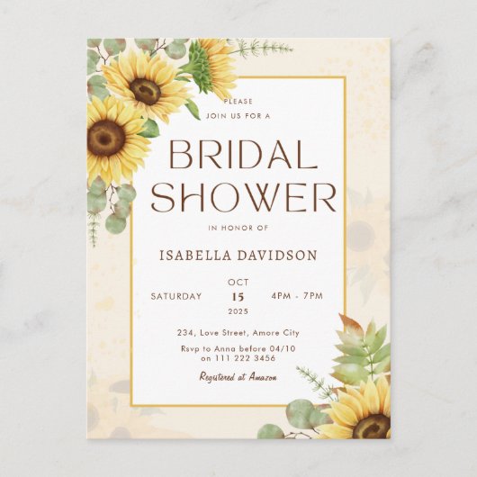 バジェットサンフラワーイエローフローラブライダルシャワー インビテーションポストカード (正面)