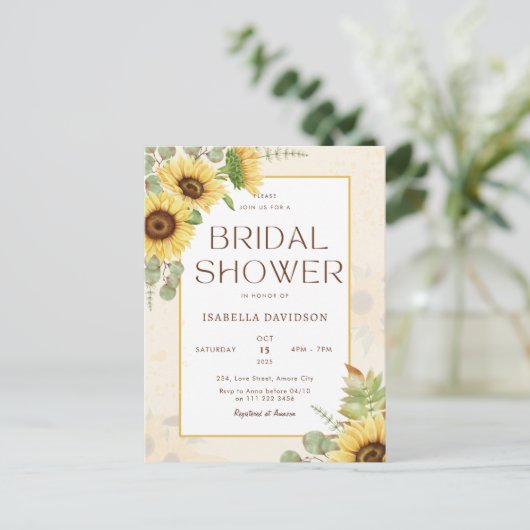 バジェットサンフラワーイエローフローラブライダルシャワー インビテーションポストカード (スタンド正面)