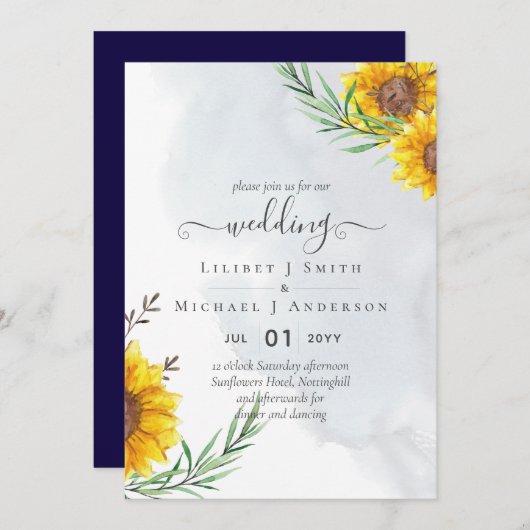 バジェットサンフラワーズウ素朴ッドランド庭園の結婚式 招待状 (正面/裏面)