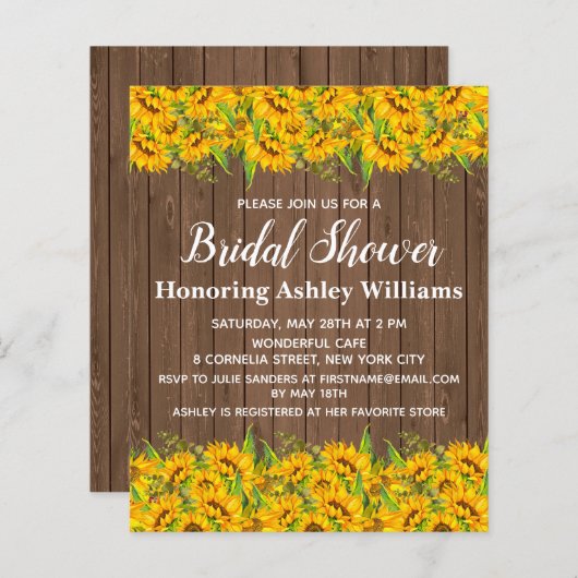 バジェットサンフラワーズブライダルシャワー招待状ウッド (正面/裏面)