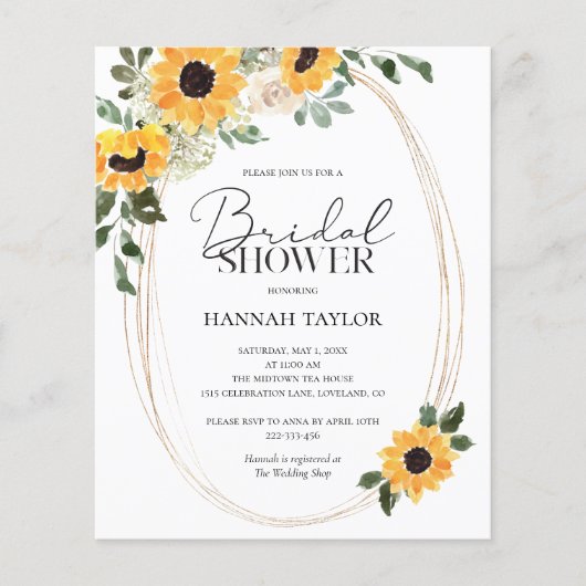 バジェットサンフラワーズユーカリブライダルシャワー招待状 (正面)