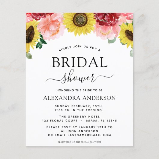 バジェットサンフラワーブライダルシャワーフローラ招待状 チラシ (正面)