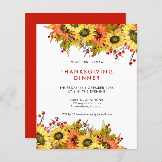 バジェットサンフラワーベリーサンクスギビングディナー招待状 (正面/裏面)