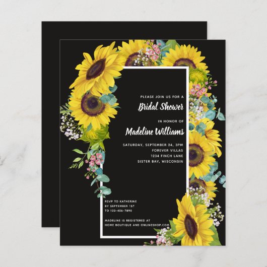 バジェットサンフラワーユーカリブライダルシャワー招待状 (正面/裏面)