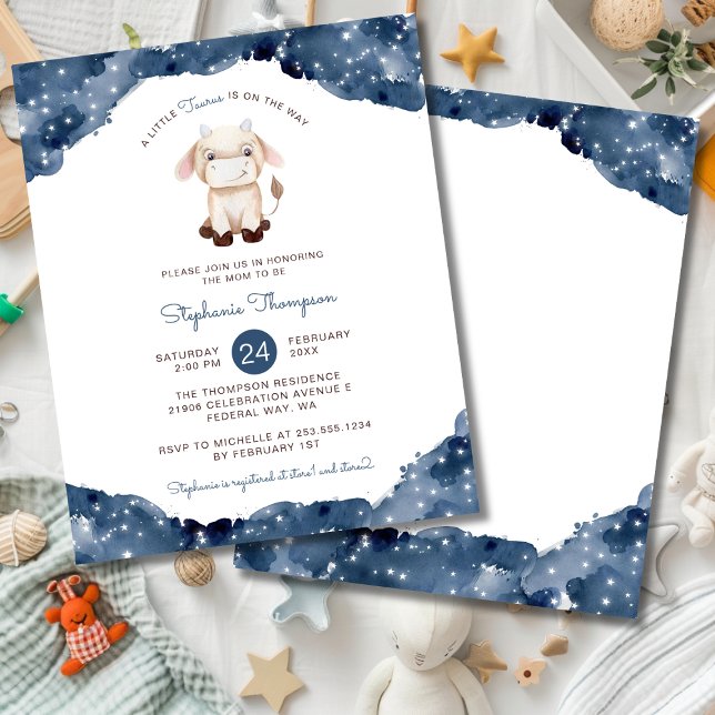 バジェットシアルタウルスベビーシャワー招待状 (Budget Celestial Taurus Baby Shower Invitation)