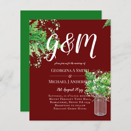バジェットシダ緑のバーガンディ結婚式の招待 (正面/裏面)