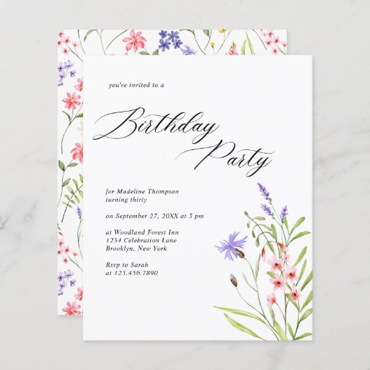 バジェットシックなワイルドフラワーウォーターカラー大人誕生日 (正面/裏面)