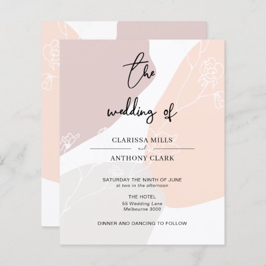 バジェットシックフローラ抽象芸術結婚式招待状 (正面/裏面)