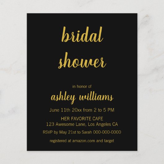 バジェットシックブラック&金ゴールドブライダルシャワー招待状 (正面)
