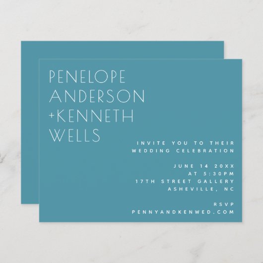 バジェットシックモダンティール（緑がかった色）結婚式の招待 (正面/裏面)