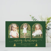 バジェットシック金ゴールドツリーアーチ3フォトクリスマスカード (スタンド正面)