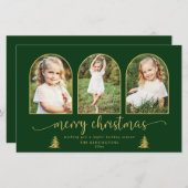 バジェットシック金ゴールドツリーアーチ3フォトクリスマスカード (正面/裏面)