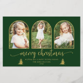 バジェットシック金ゴールドツリーアーチ3フォトクリスマスカード (正面)