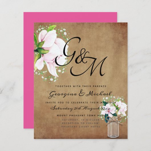 バジェットシャビーピンクマグノリアシックな結婚式の招待 (正面/裏面)