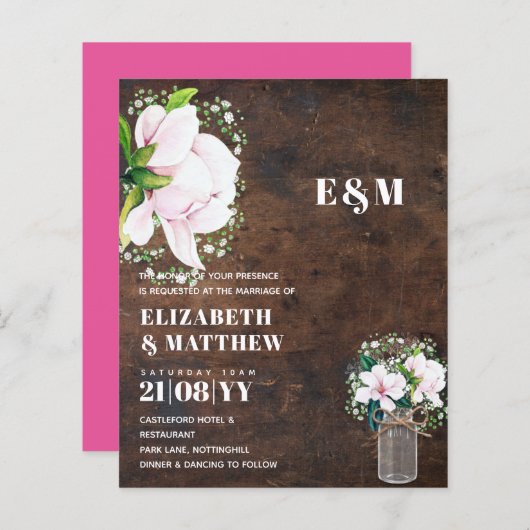 バジェットシャビーピンクマグノリアシックな結婚式の招待 (正面/裏面)