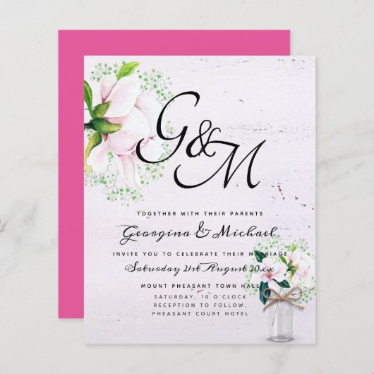 バジェットシャビーピンクマグノリアシックな結婚式の招待 (正面/裏面)