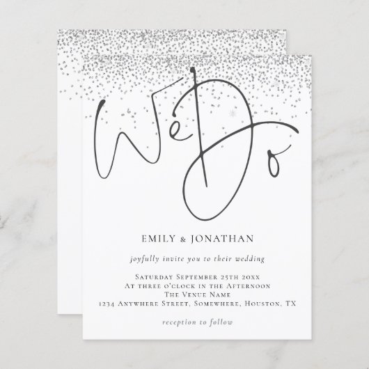 バジェットシルバーグリッターウドゥ結婚式招待状 (正面/裏面)