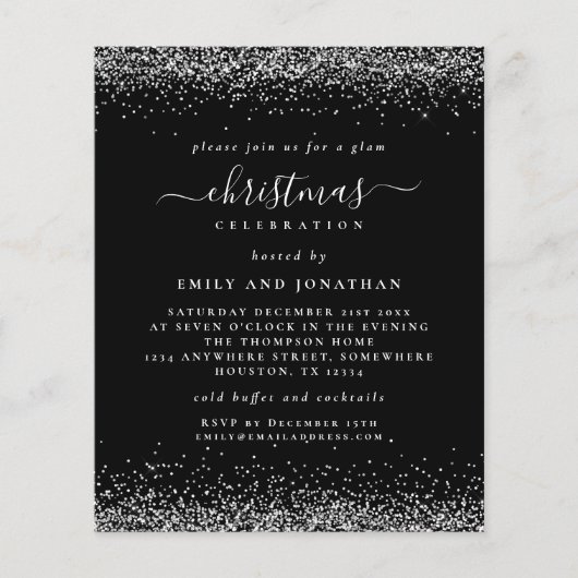 バジェットシルバーグリッタークリスマスパーティーブラック招待状 (正面)