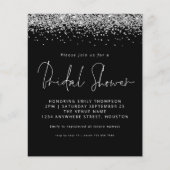 バジェットシルバーグリッターブライダルシャワーブラック招待状 (正面)