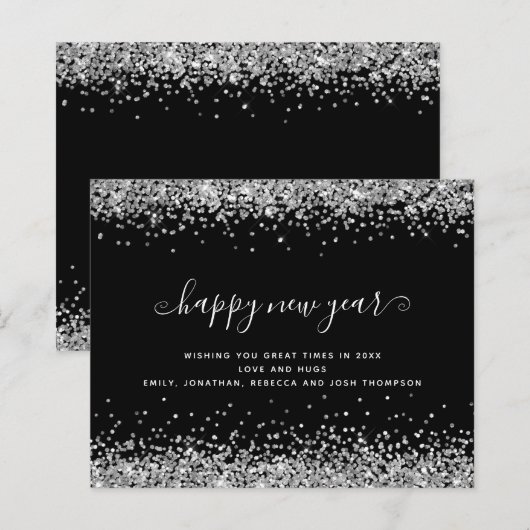 バジェットシルバーグリッターブラックハッピーニューイヤーカード (正面/裏面)